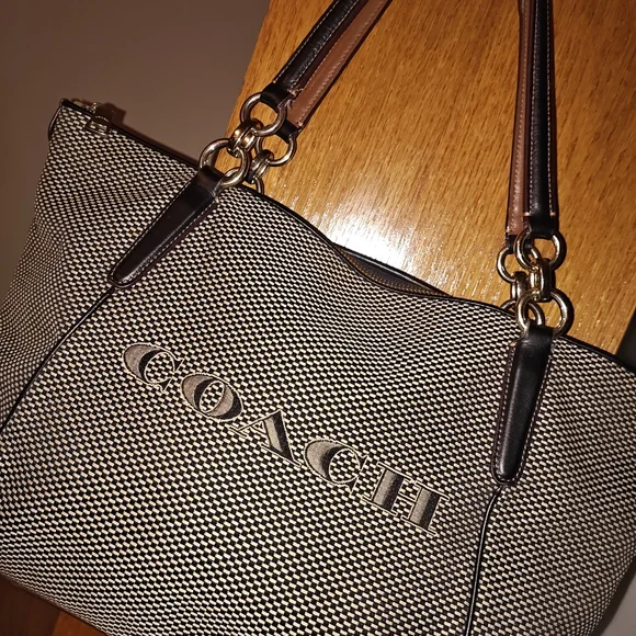 Coach Black and White Signature Tote with Brown Leather Handles - Picture 1 of 4
